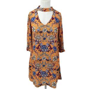Xhiliration Floral Boho Dress Size S Keyhole Shift Trapeze Yellow Fall A-Line